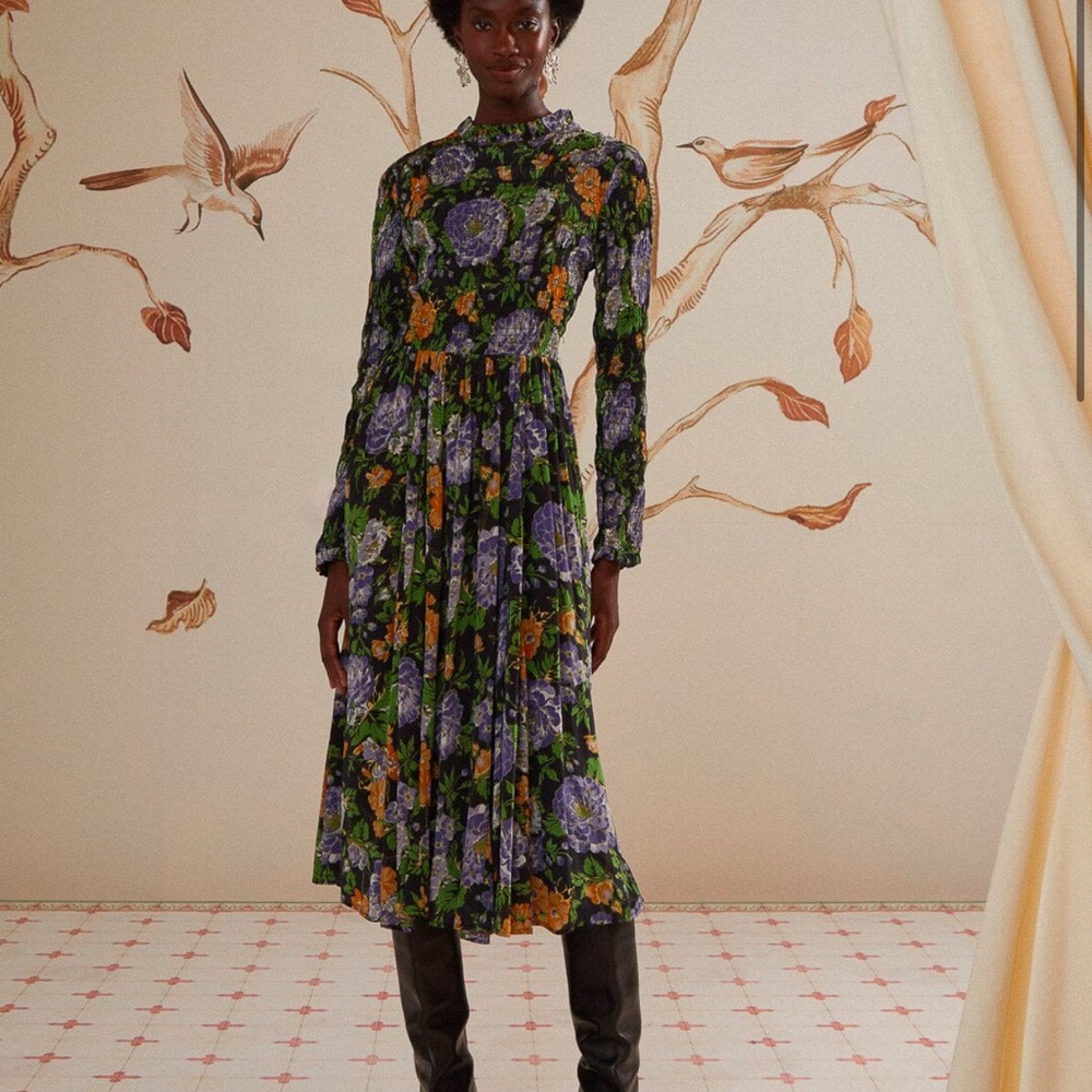 Farm Rio Black Capri Floral Midi Dress Long Sleeve